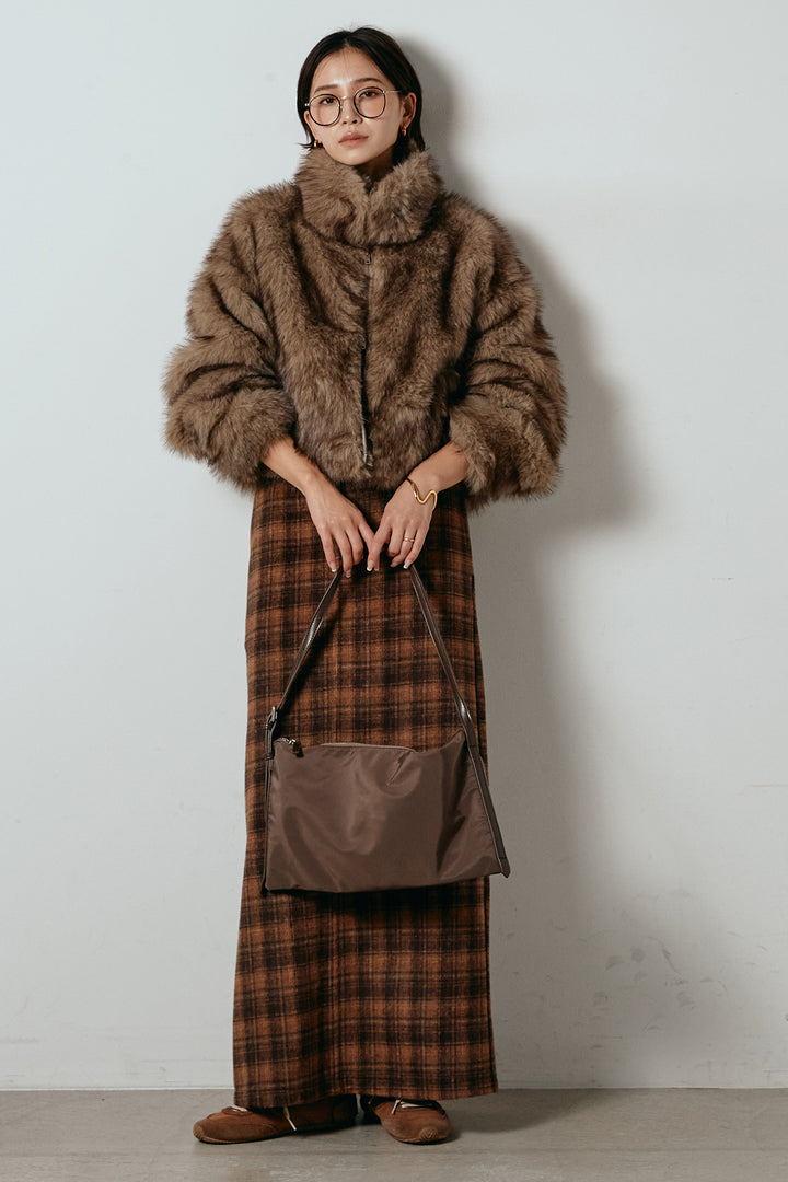 [SET]エコファーショート丈ブルゾン+シャギーチェックストレートスカート(2set)