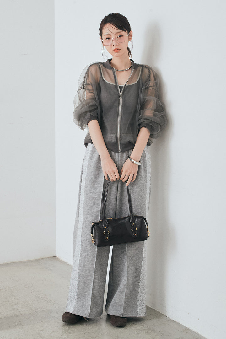 [SET]エアリーチュールスリーブシアーブルゾン+Wフェイスカットソーサイドレースラインパンツ(2set)