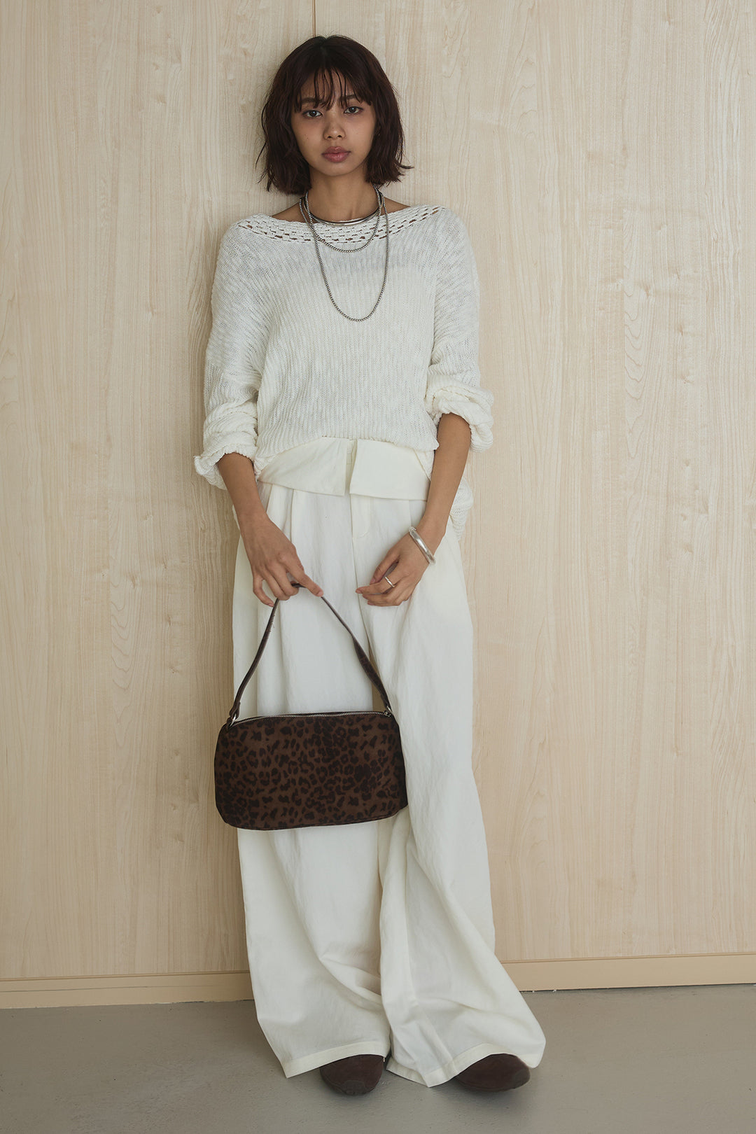 [SET]ネック編みデザインニットトップス+ウエスト折り返しワイドパンツ(2set)