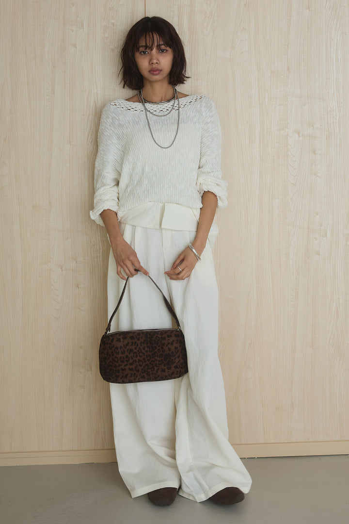 [SET]ネック編みデザインニットトップス+ウエスト折り返しワイドパンツ(2set)