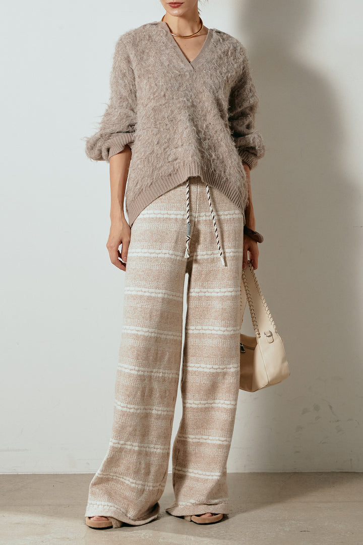 [SET]襟付きシャギーニットポロトップス+マルチライン柄リラックスニットパンツ(2set)