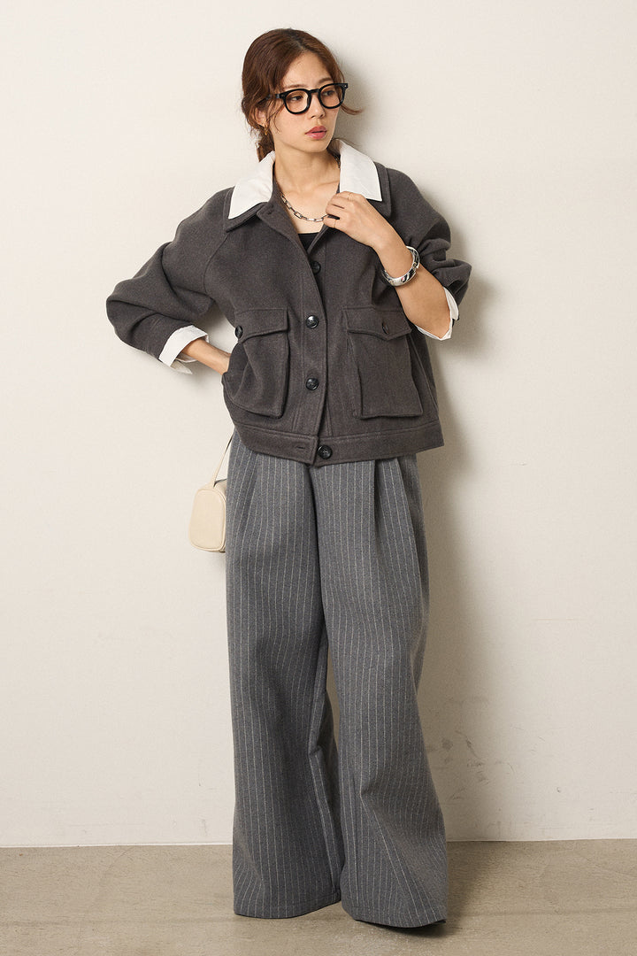 [SET]衿レイヤードフェイクウールジャケット+ウールライクストライプパンツ(2set)