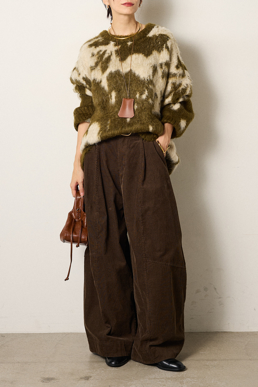 [SET]モヘアタッチマーブルニット+タック入りコーデュロイワイドパンツ(2set)