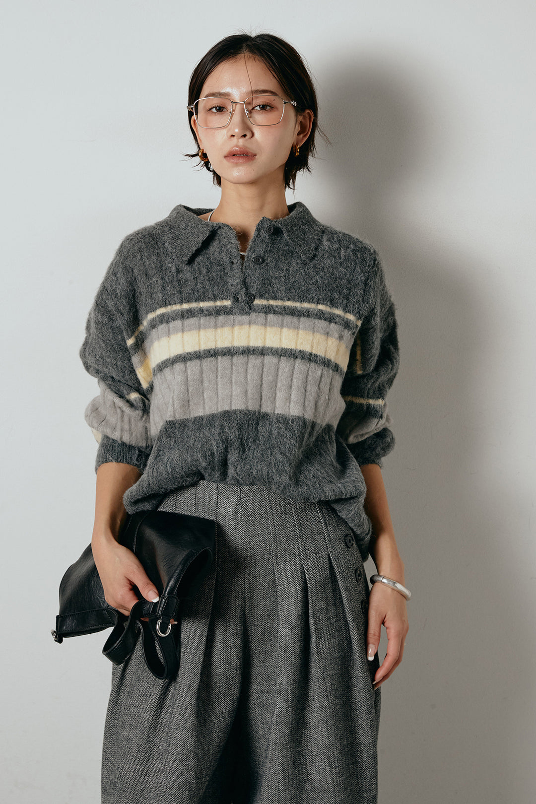 アルパカタッチボーダーポロニット/チャコール