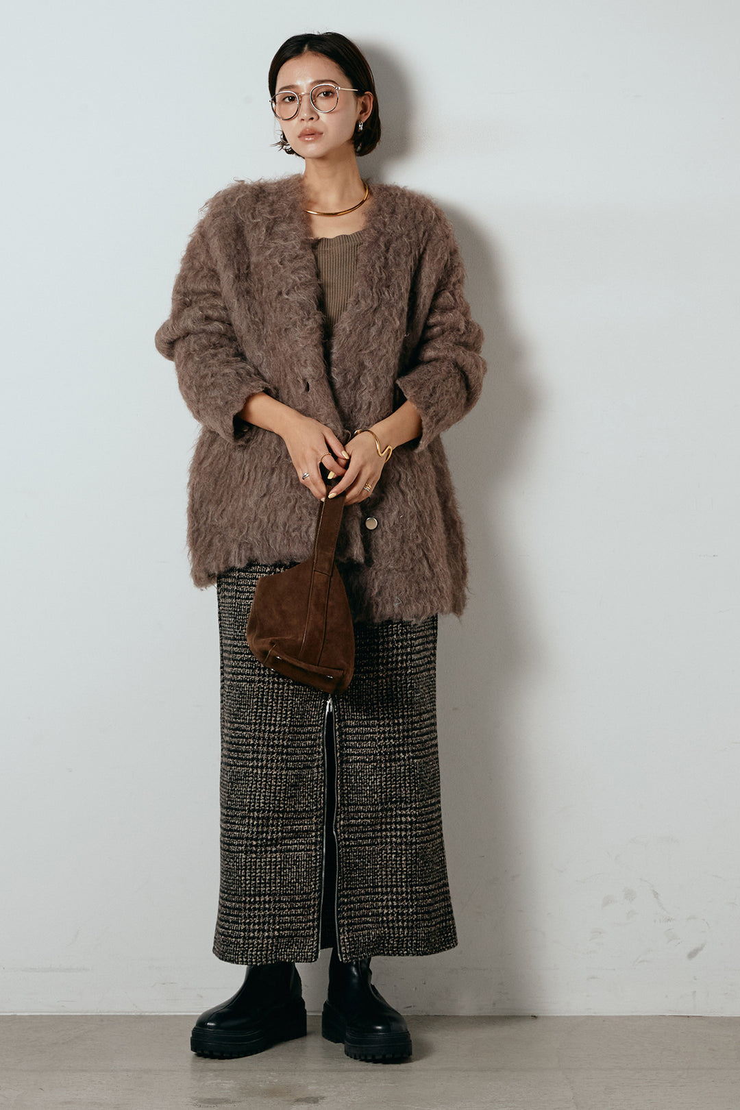 [SET]ウェーブシャギーニットジャケット+グレンチェック柄フロントジップタイトスカート(2set)