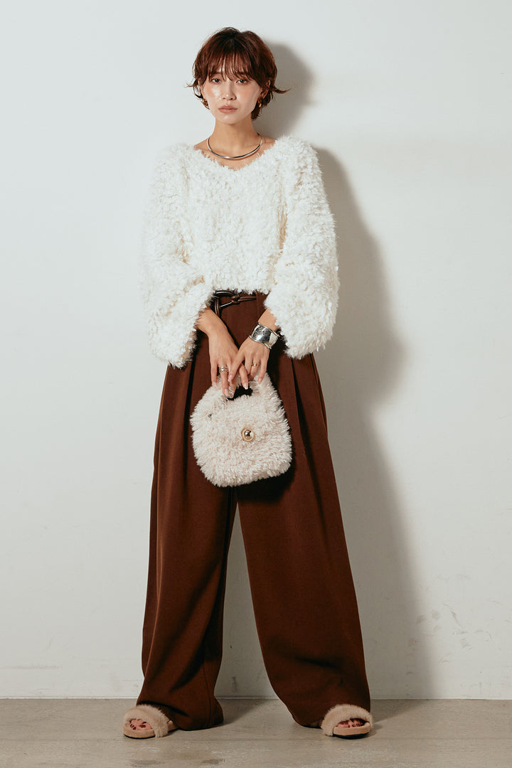 [SET]深Vネックチョウチョヤーンニットトップス+細フェイクレザーベルト付きワイドタックパンツ(2set)