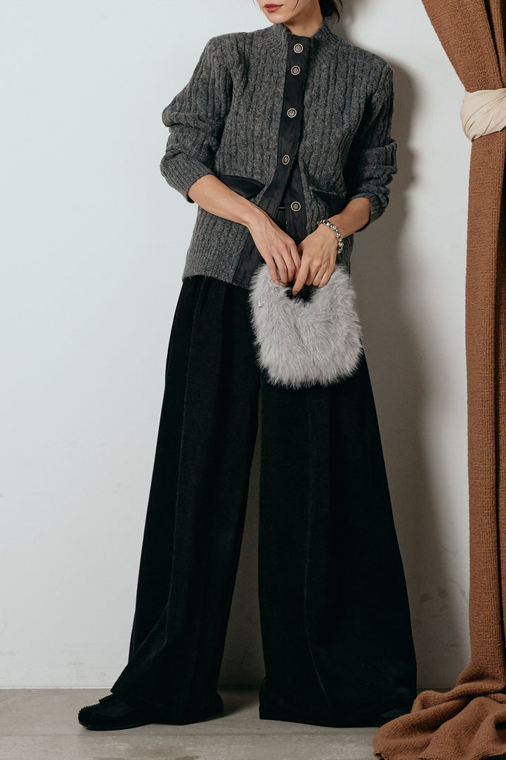 [SET]ボトルネックケーブルニットカーディガン+ベルトループコーデュロイワイドパンツ(2set)