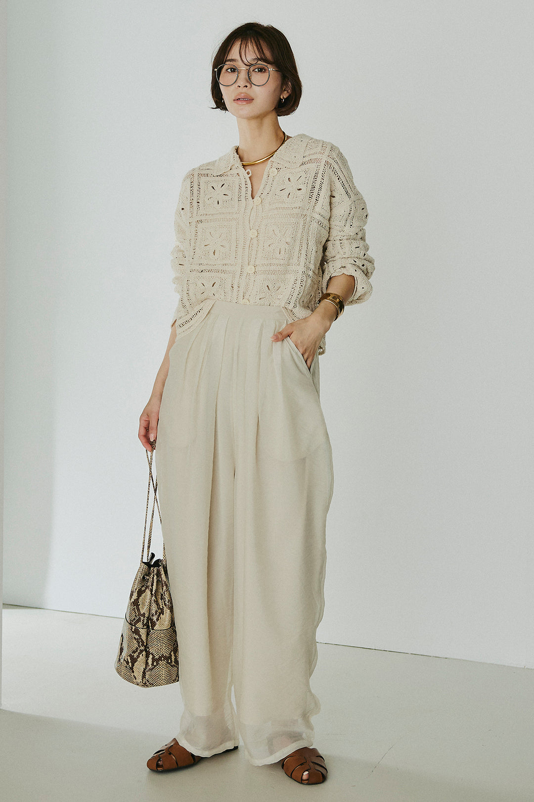 [SET]鍵編みフラワーレースカーディガン+オーガンジータックパンツ(2set)