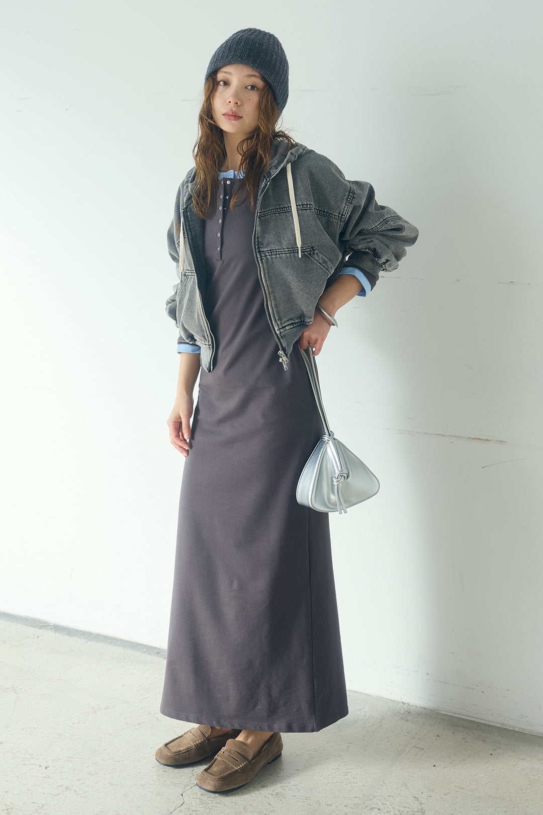 [SET]デニムダブルジップパーカーブルゾン+レイヤード見えヘンリーネックロングワンピース(2set)