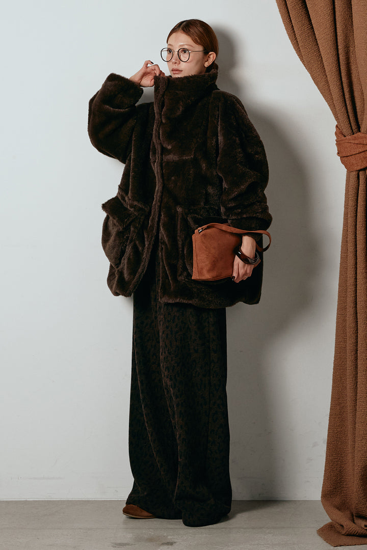 [SET]スタンドネックファーコート+レオパードジャガードニットパンツ(2set)