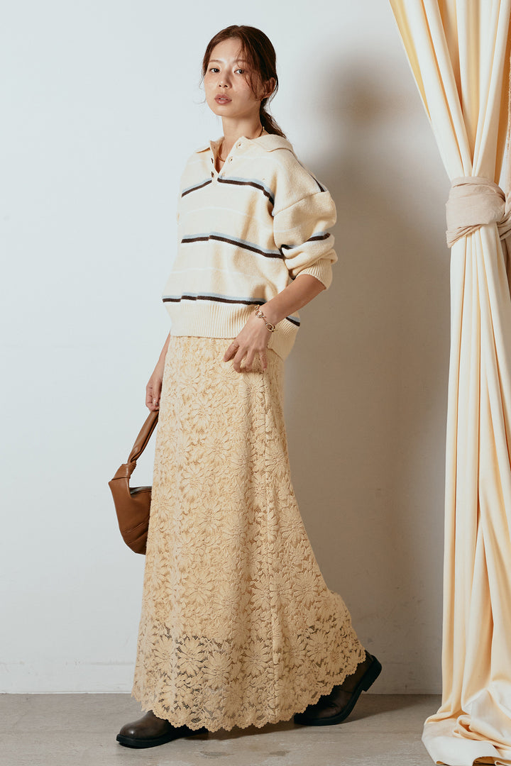 [SET]襟付きマルチボーダーニットポロトップス+花柄刺繍ベロアフレアスカート(2set)