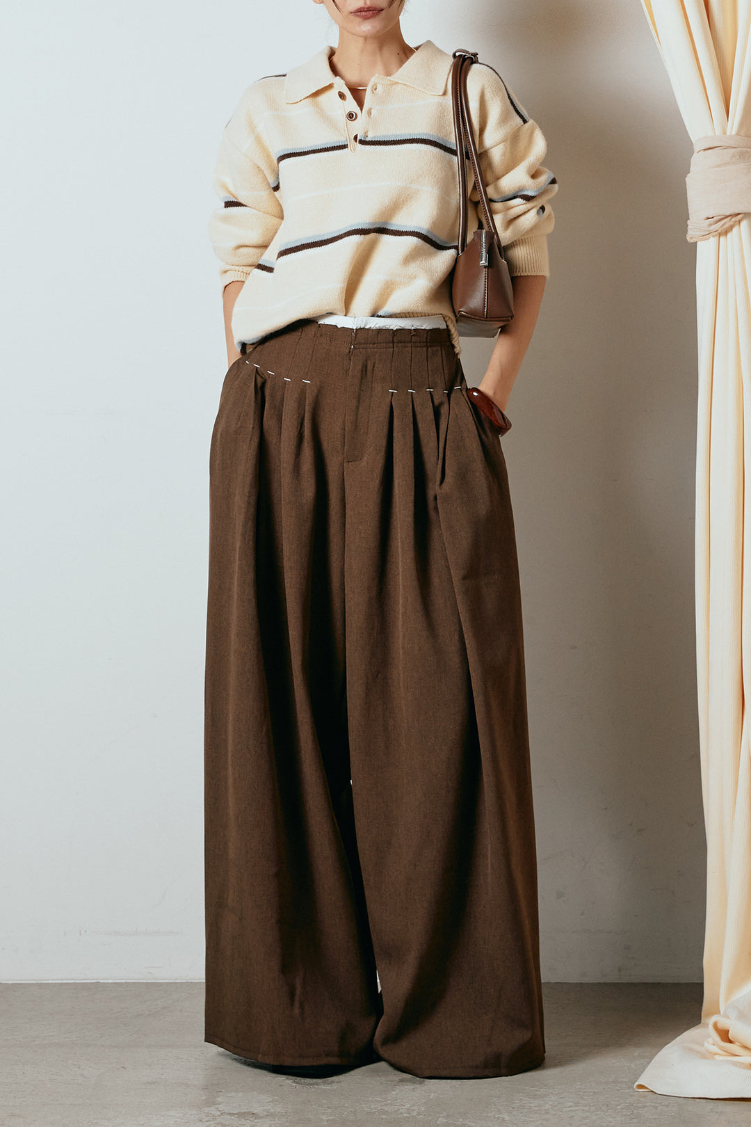 [SET]襟付きマルチボーダーニットポロトップス+ウエストステッチデザインワイドスラックス(2set)