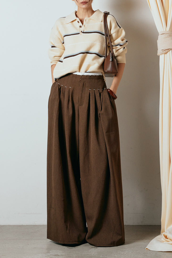 [SET]襟付きマルチボーダーニットポロトップス+ウエストステッチデザインワイドスラックス(2set)