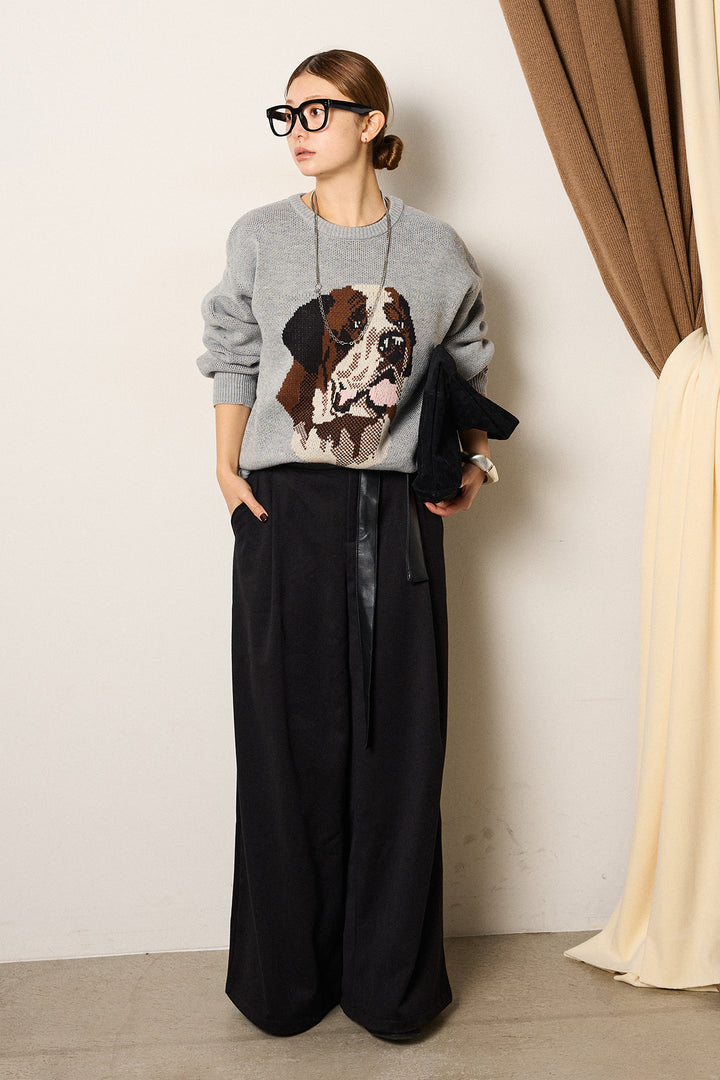 [SET]アニマルジャガード柄ニットトップス+巻ベルトウエストレザーライクワイドパンツ(2set)