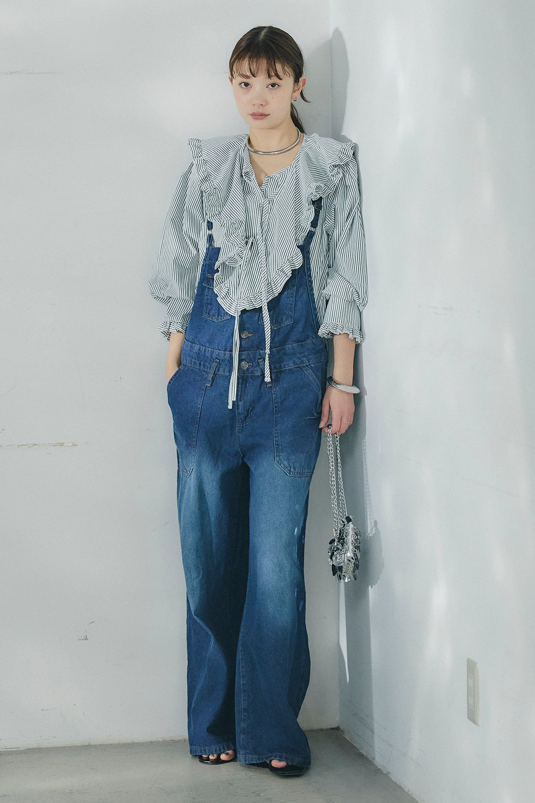 [SET]コットンフリルブラウス+デニムサロペットワイドパンツ(2set)