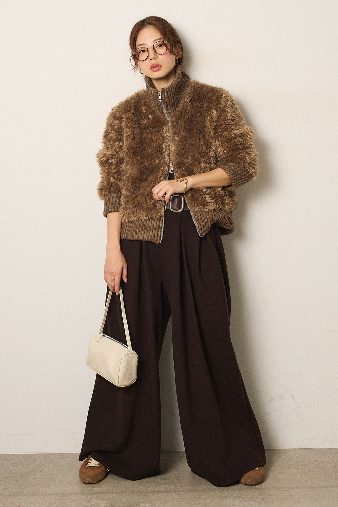 [SET]ハイネックボアブルゾン+フェイクレザー太ベルト付きタックワイドパンツ(2set)