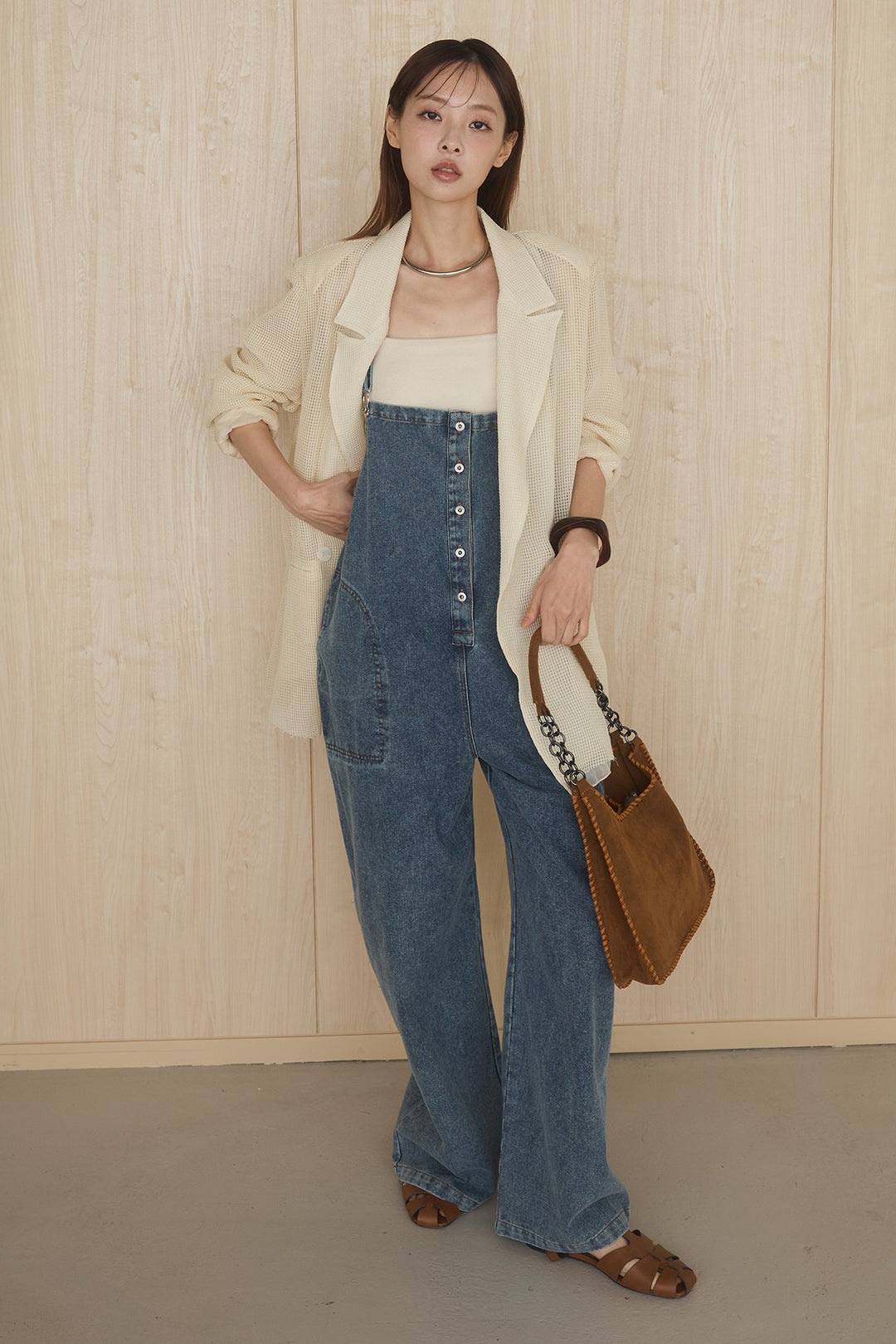 [SET]メッシュテーラードワイドジャケット+フロントボタンデニムサロペット(2set)