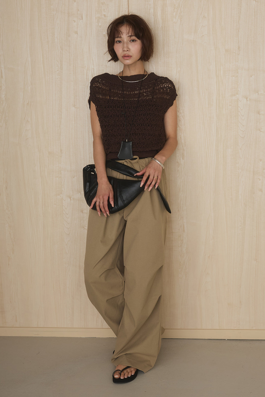 [SET]透かしレース編みフレンチニット+ニーサイドタックウエストドロストパンツ(2set)