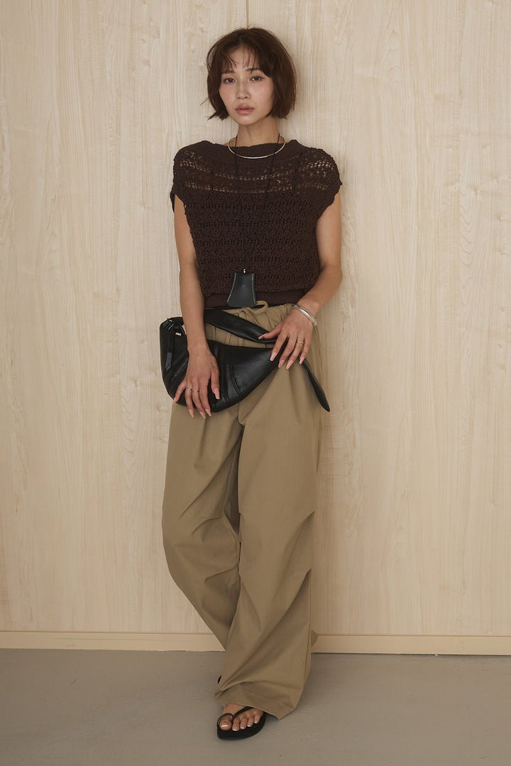 [SET]透かしレース編みフレンチニット+ニーサイドタックウエストドロストパンツ(2set)