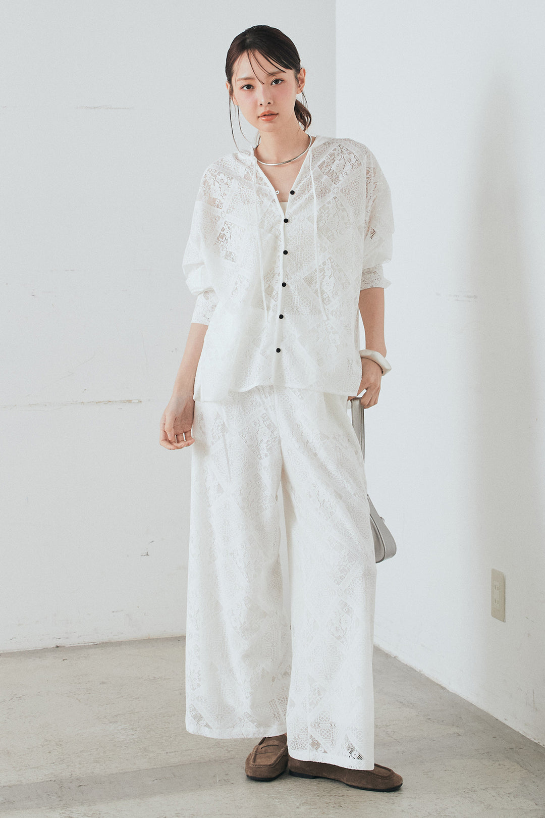 [SET]ブロックレースフード付きブラウス+リラックスブロックレースワイドパンツ(2set)