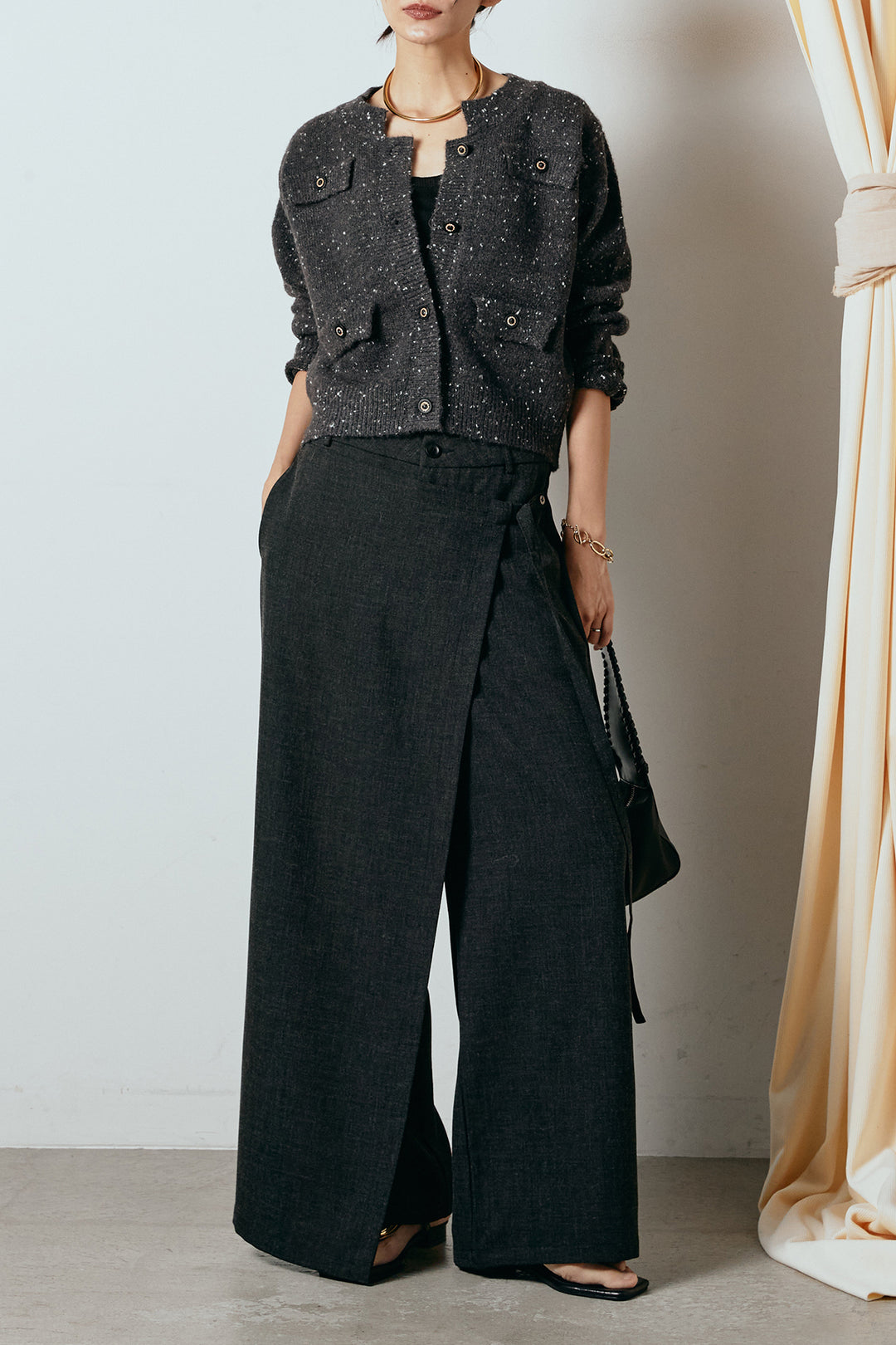 [SET]ネップニットカーディガン+ラップ巻きワイドスラックス(2set)