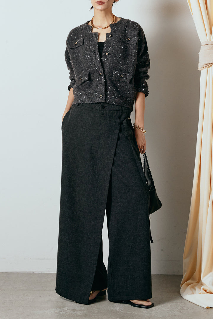 [SET]ネップニットカーディガン+ラップ巻きワイドスラックス(2set)