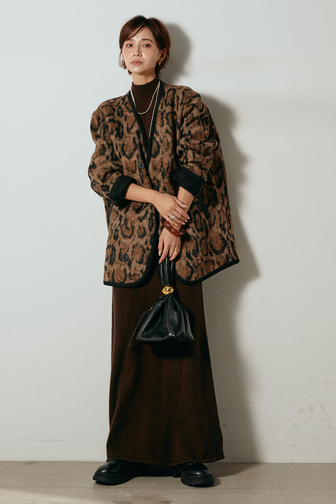 [SET]ノーカラーレオパード柄アウター+ノースリーブニットロングワンピース(2set)