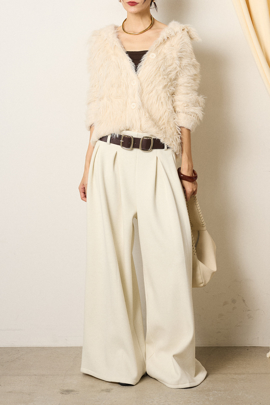 [SET]襟付きシャギーニットカーディガン+フェイクレザー太ベルト付きタックワイドパンツ(2set)