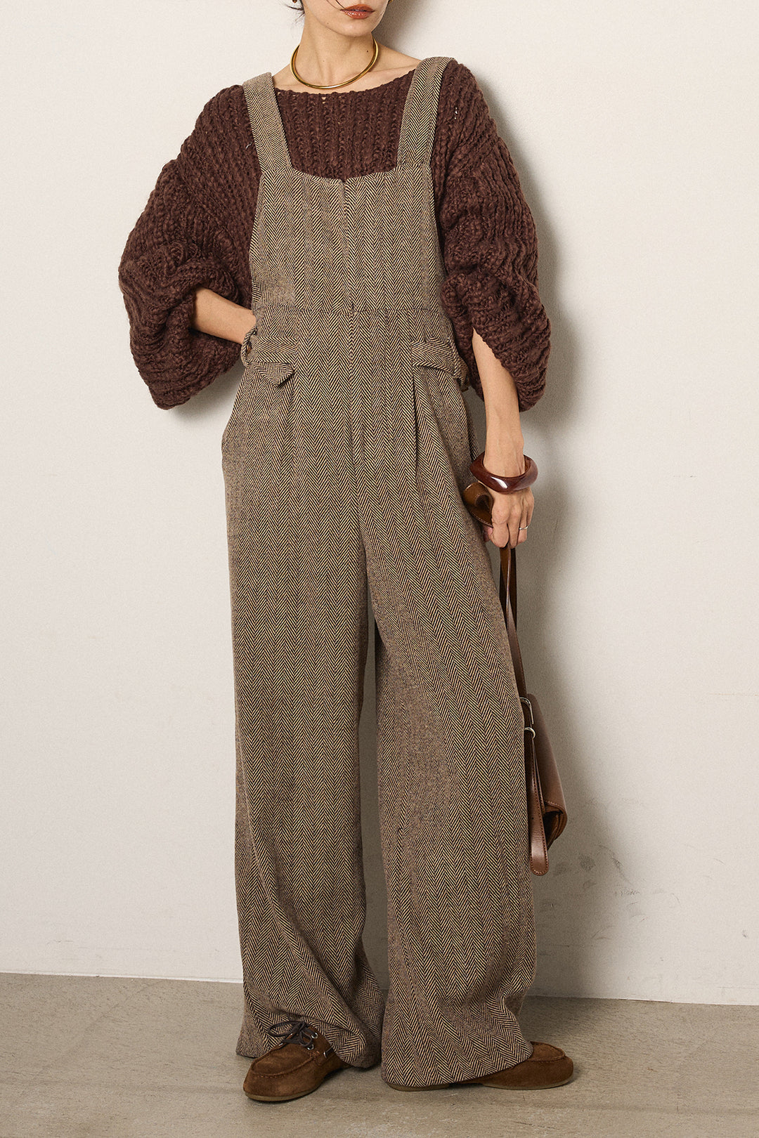 [SET]チャンキースラブニットクロップドプルオーバー+クラシックヘリンボーンサロペット(2set)