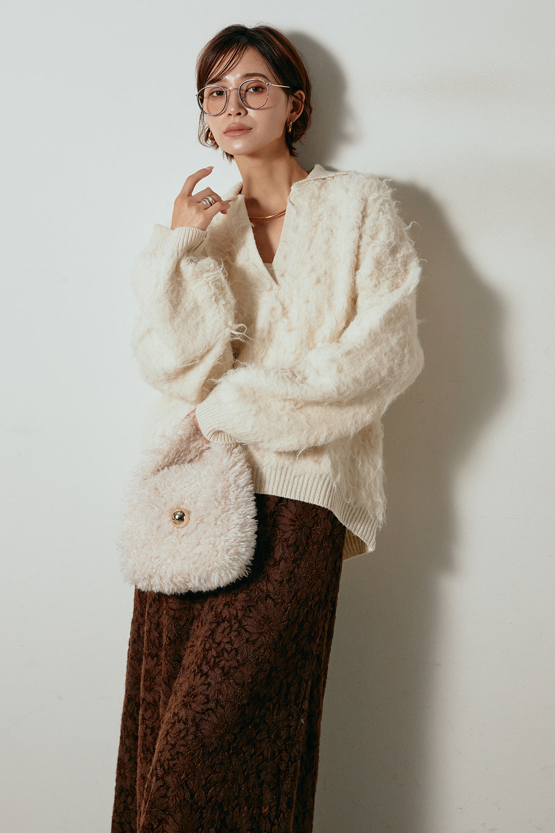 [SET]襟付きシャギーニットポロトップス+花柄刺繍ベロアフレアスカート(2set)