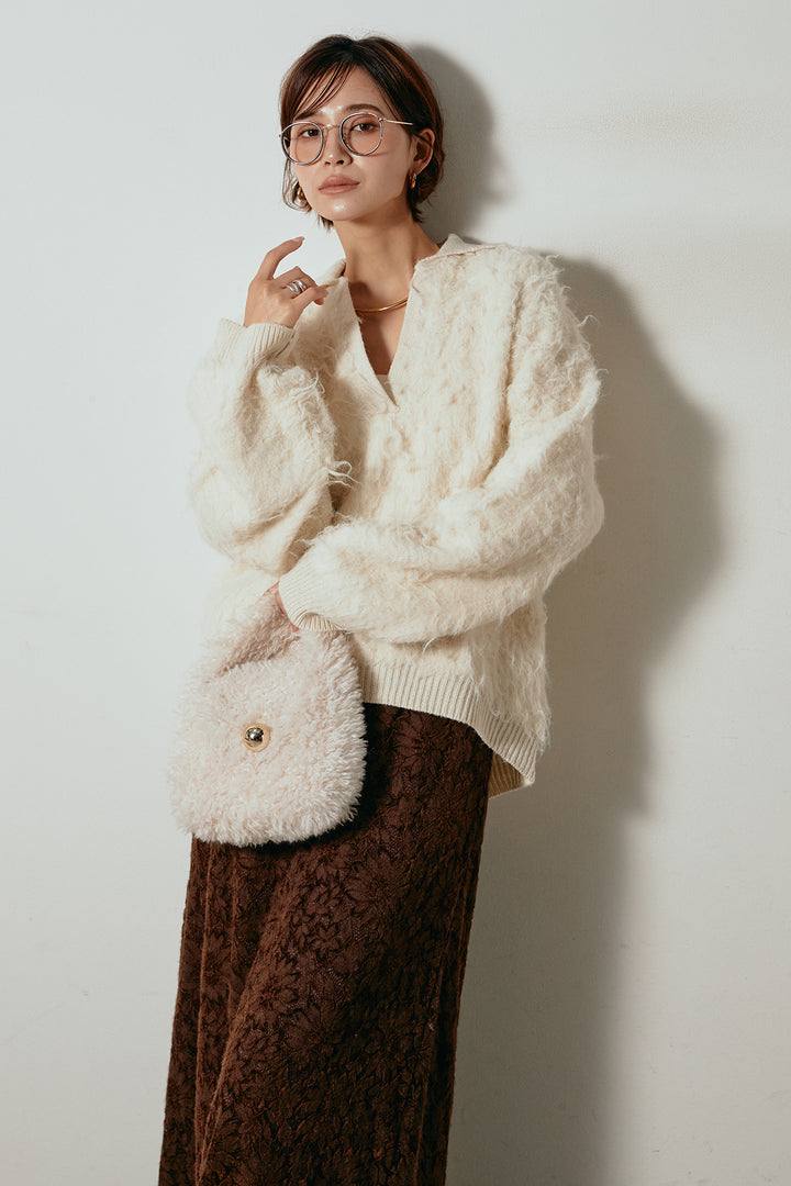 [SET]襟付きシャギーニットポロトップス+花柄刺繍ベロアフレアスカート(2set)