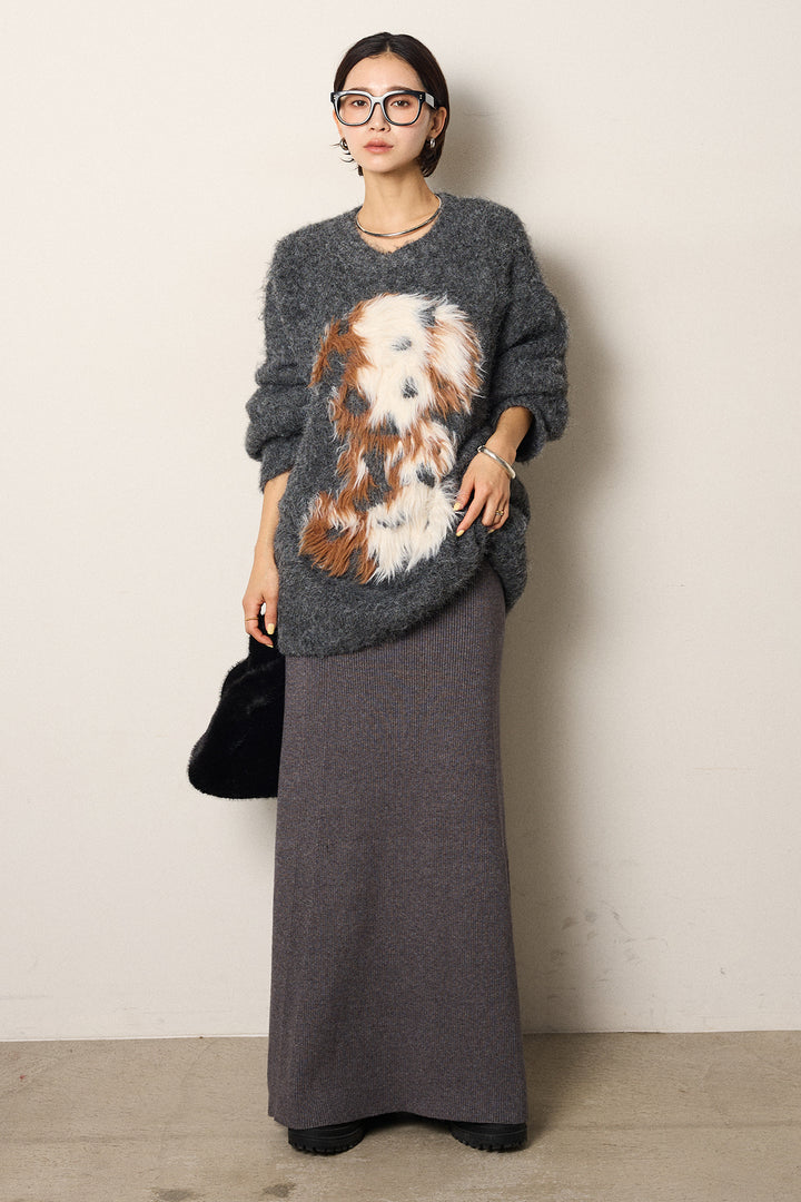 [SET]シャギーニュアンスアニマルニット+リブナローニットスカート(2set)