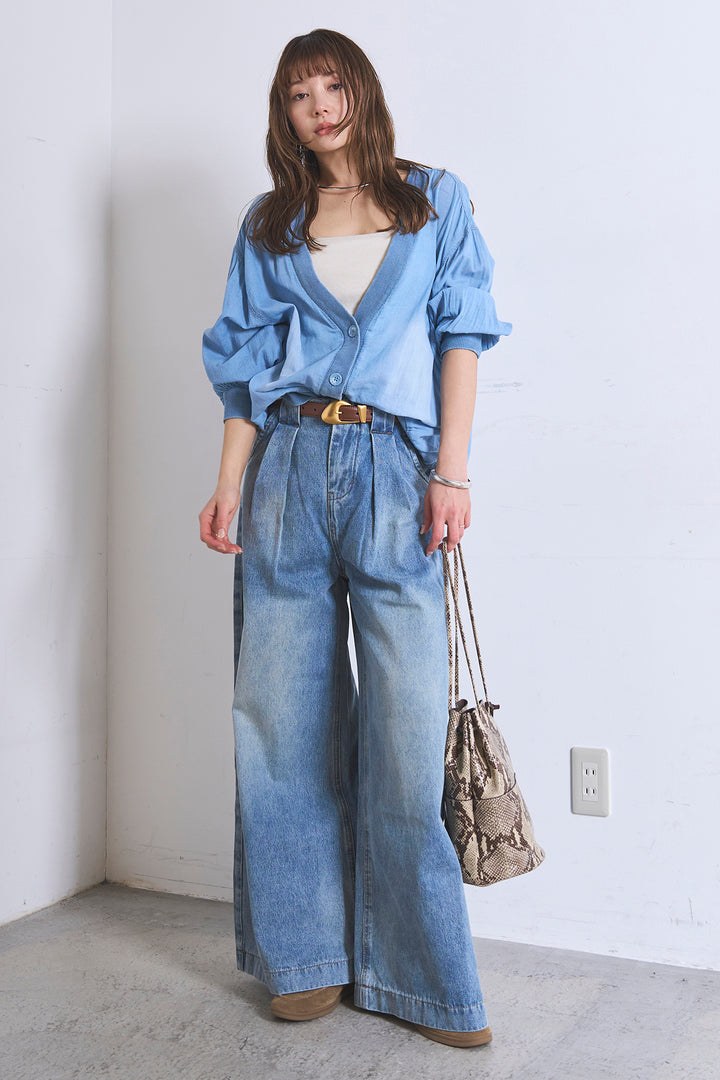 [SET]シアーデニムカーディガン+ベルトループワイドタックデニムパンツ(2set)