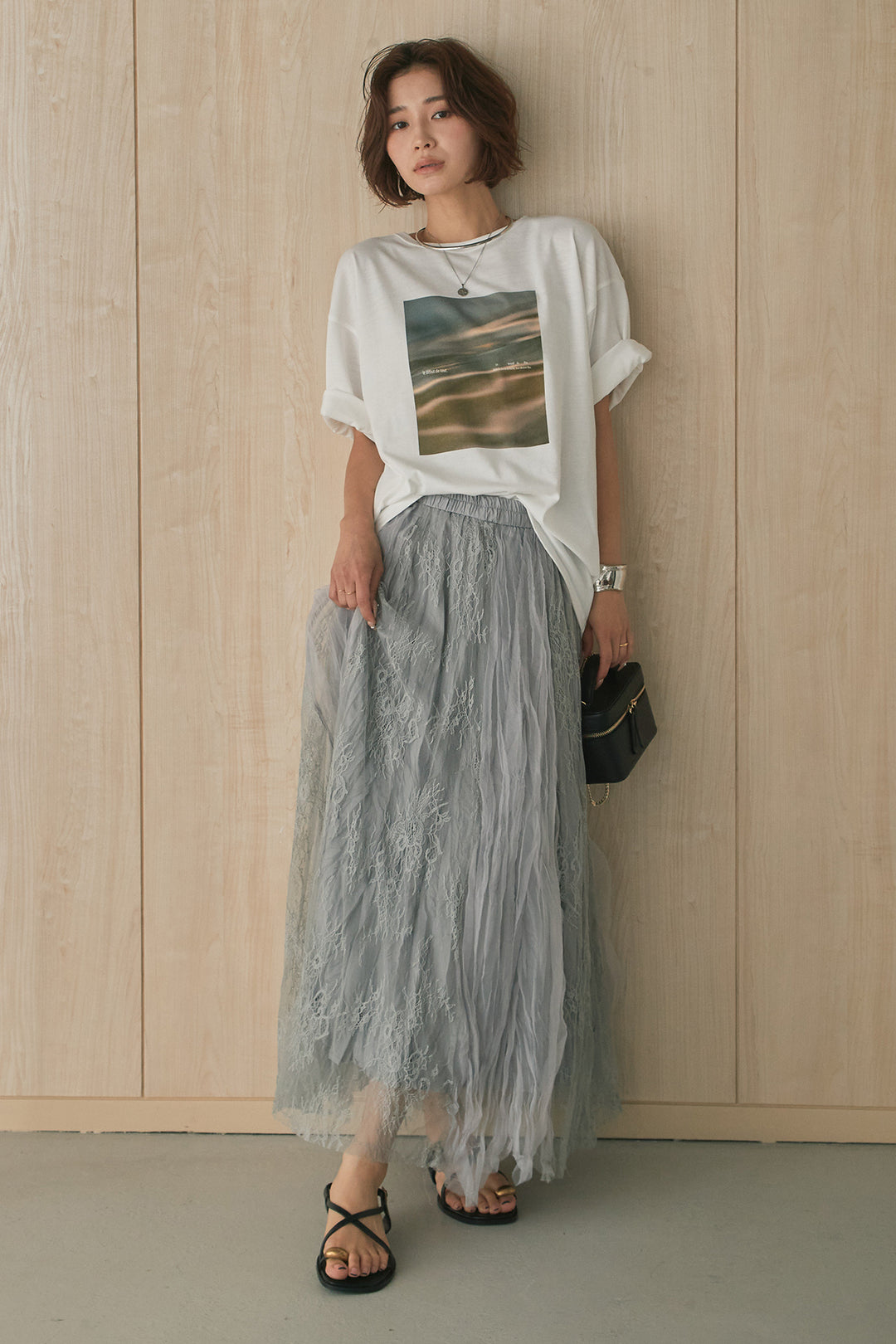 [SET]MarbleプリントTシャツ+レースコンビワッシャーギャザースカート(2set)