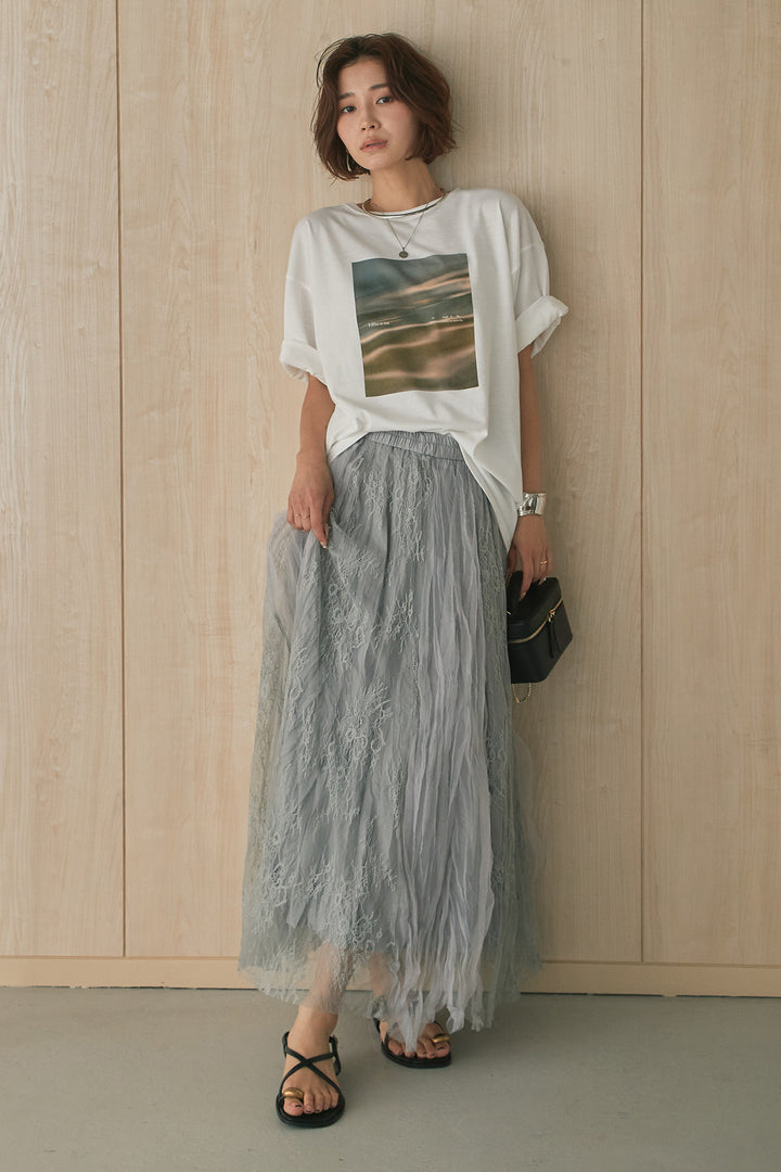[SET]MarbleプリントTシャツ+レースコンビワッシャーギャザースカート(2set)