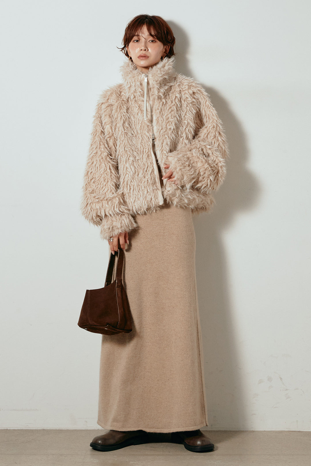 [SET]ミックスシープファースタンドブルゾン+ノースリーブニットロングワンピース(2set)