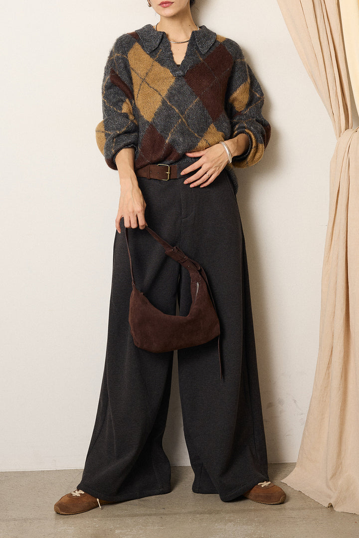 [SET]アクリルモヘアアーガイルキーネックプルオーバー+サイドベルトパンツ(2set)