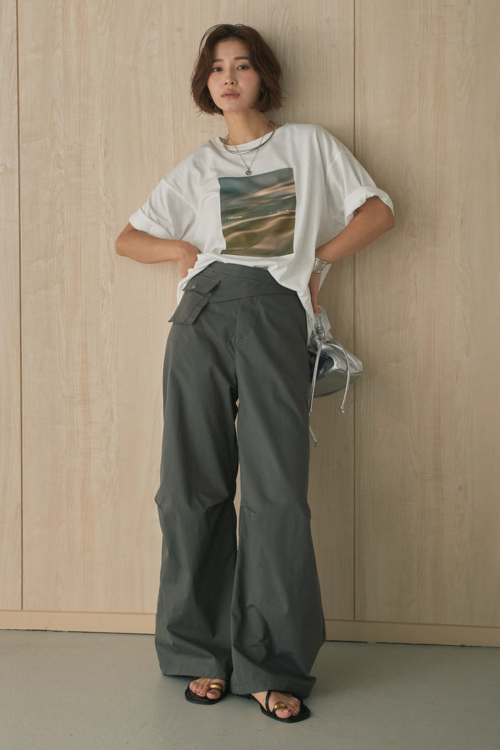[SET]MarbleプリントTシャツ+ポケットベルト付きニーサイドタックパンツ(2set)
