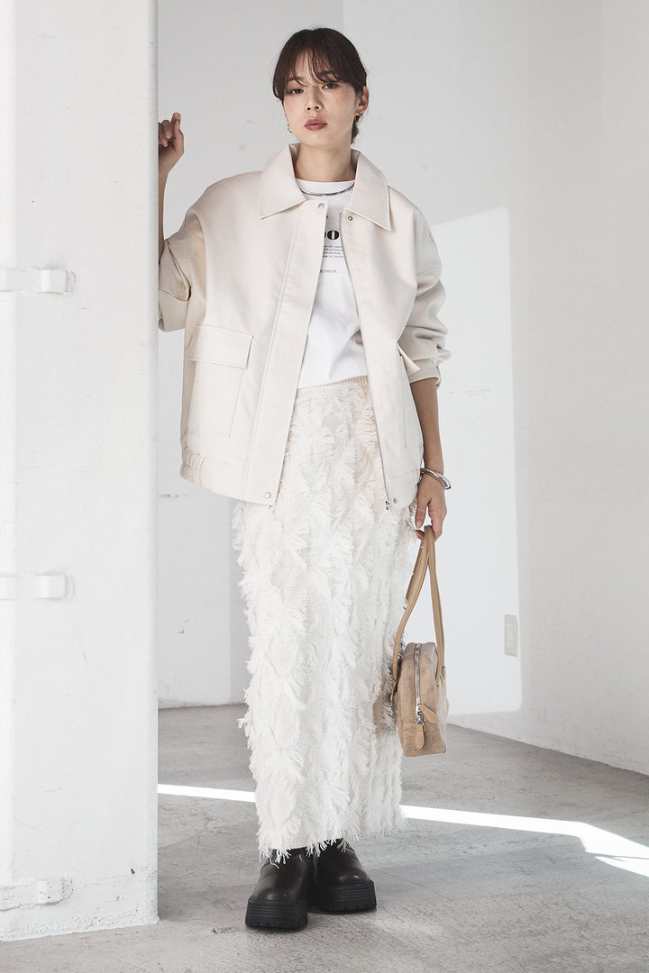 [SET]レザーライクオーバーサイズブルゾン+カットフリンジニットタイトスカート(2set)