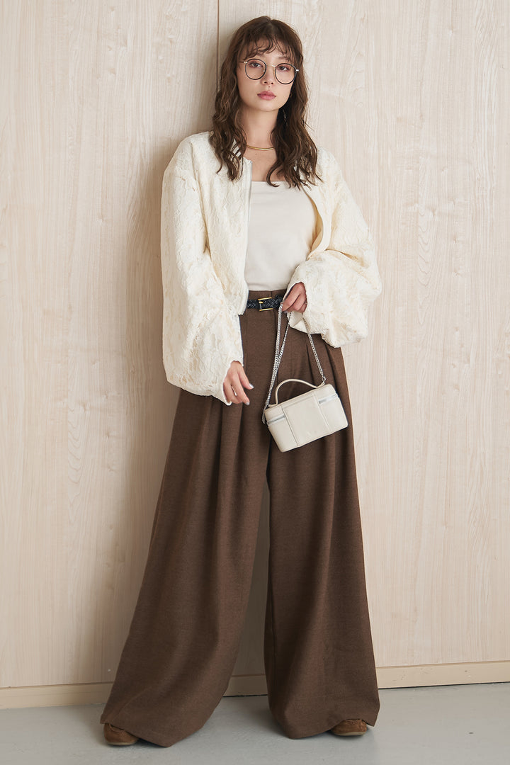 [SET]レース刺繍ジップブルゾン+編みベルト付き起毛タックワイドパンツ(2set)