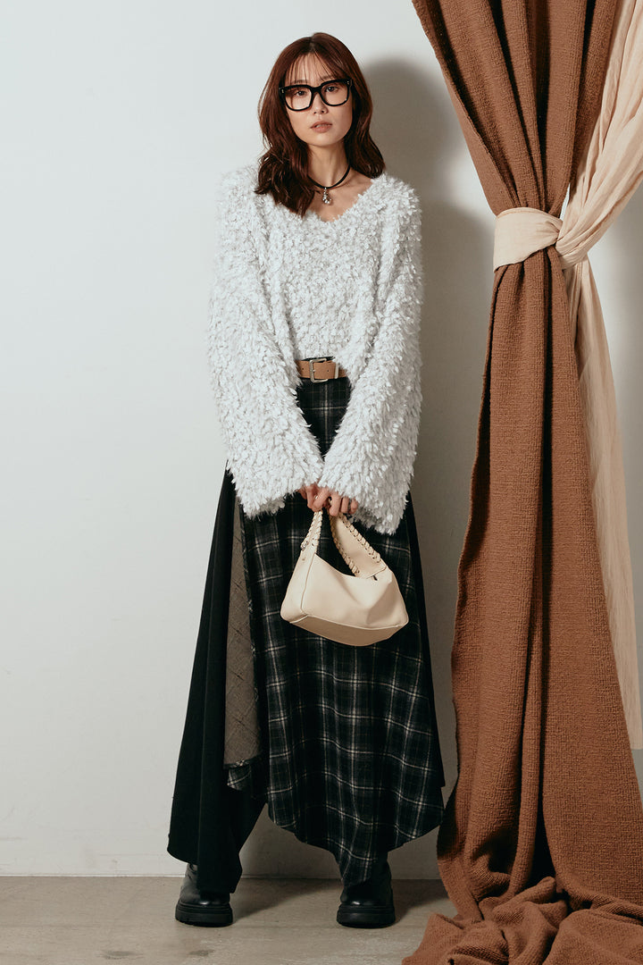 [SET]深Vネックチョウチョヤーンニットトップス+フェイクレザーベルト付き切り替えタータンチェックスカート(2set)