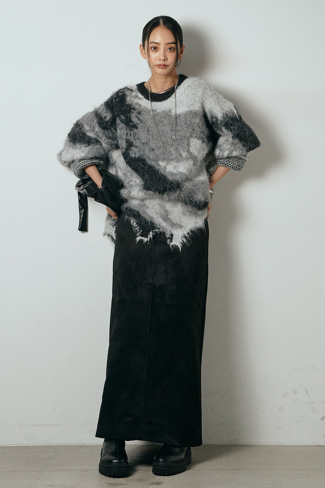 [SET]起毛裾デザインニュアンス柄ニットトップス+エコスウェードワイドスカート(2set)