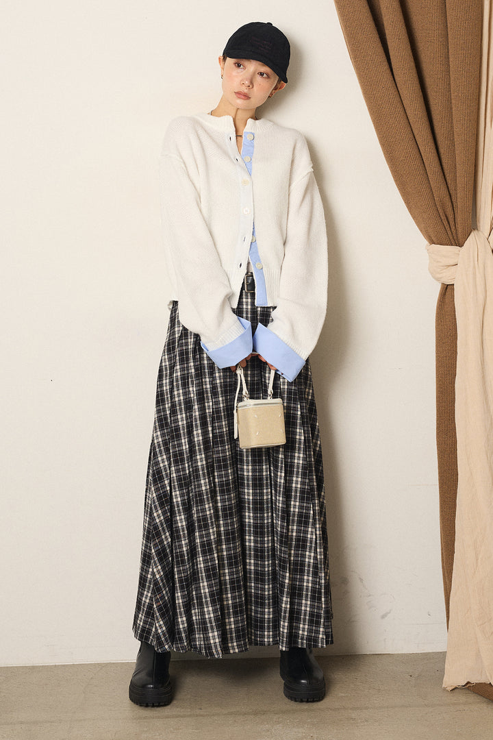 [SET]シャツドッキングニットカーディガン+ベルト付きタータンチェックプリーツスカート(2set)