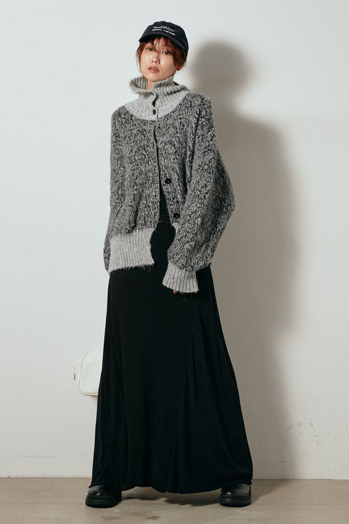 [SET]ハイネックミックスニットトップス+サイド切り替えリブニットロングスカート(2set)