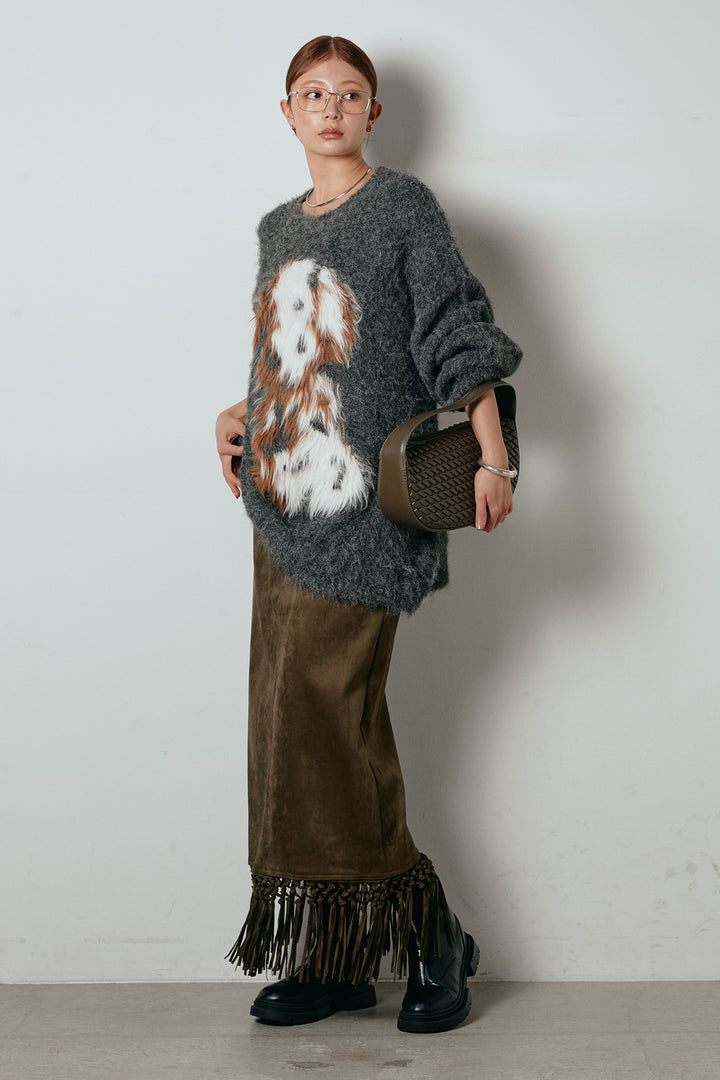 [SET]シャギーニュアンスアニマルニット+スウェードライク裾フリンジスカート(2set)