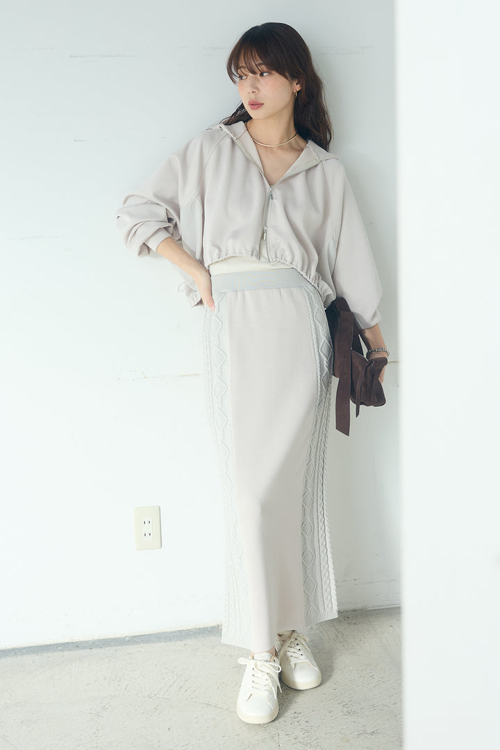 [SET]ドルマンショートフーディー+異素材ドッキングケーブルニットスカート(2set)