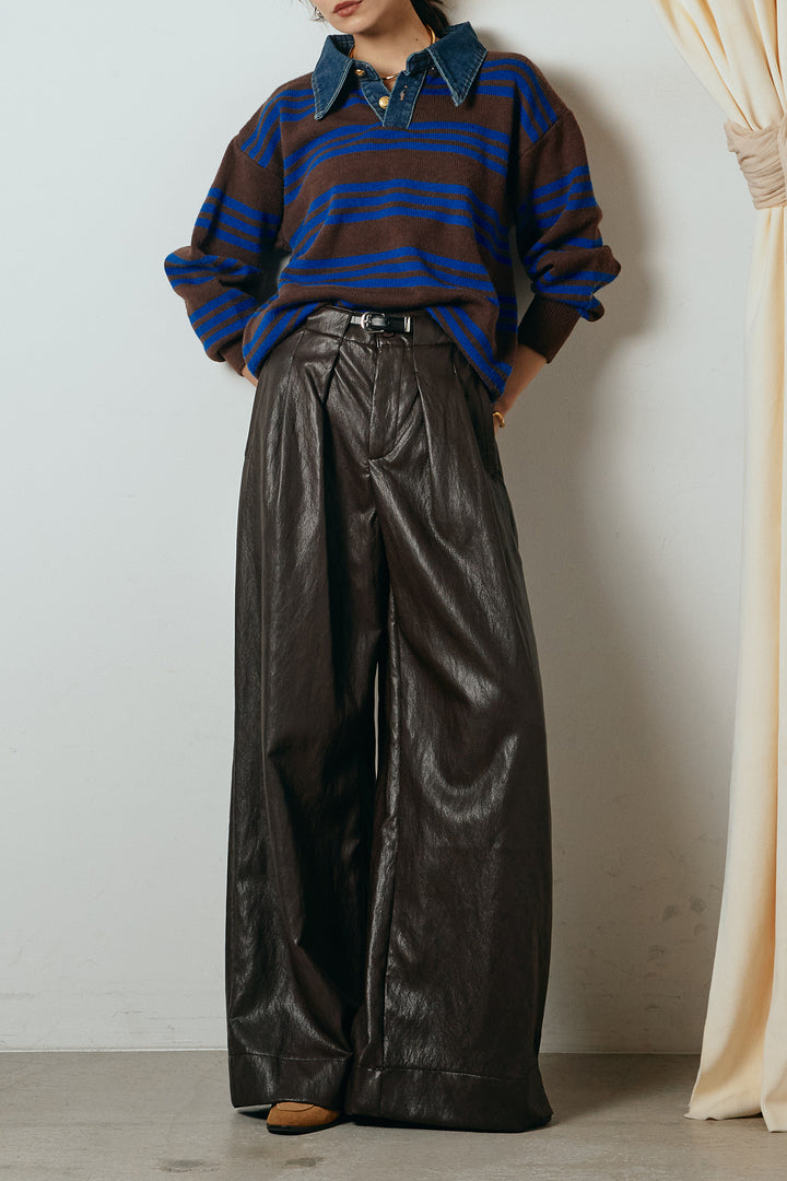 [SET]デニムレイヤード風ランダムボーダーニットプルオーバー+ベルト付きレザーライクタックパンツ(2set)