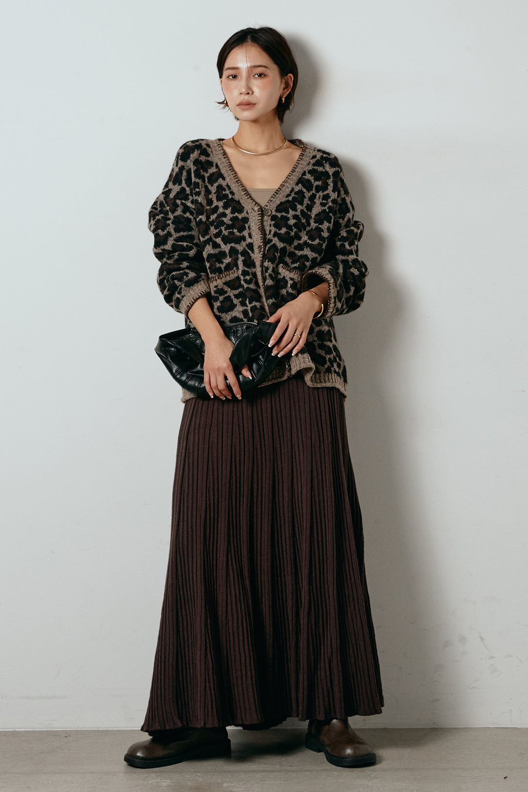 [SET]ステッチデザインレオパードニットカーディガン+リブニットフレアスカート(2set)
