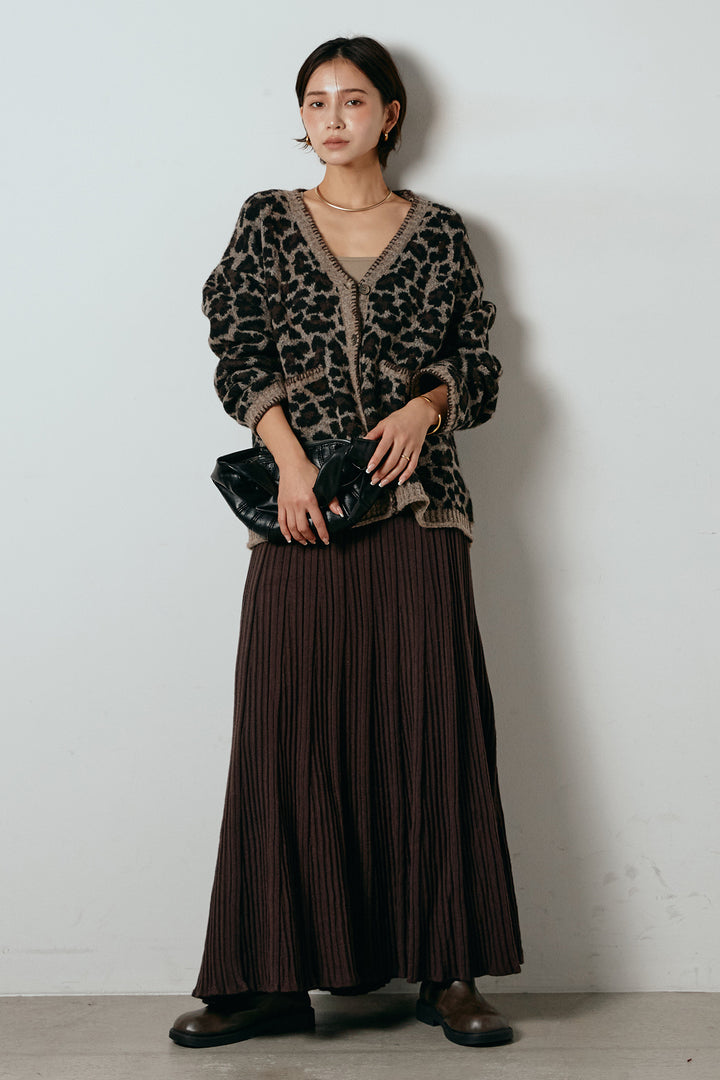 [SET]ステッチデザインレオパードニットカーディガン+リブニットフレアスカート(2set)