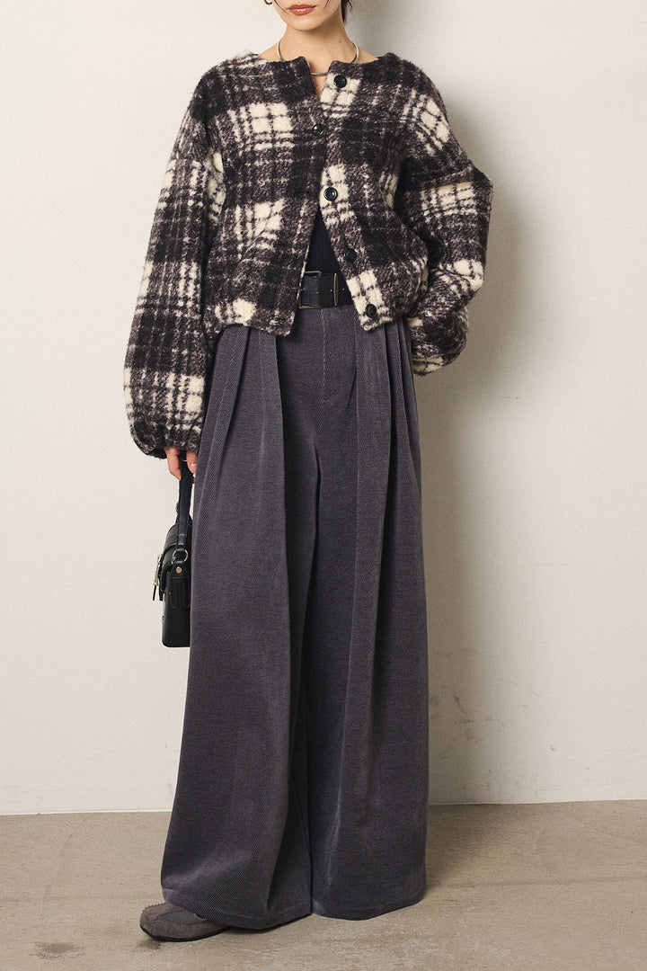 [SET]ノーカラーチェック柄ボアブルゾン+ベルトループコーデュロイワイドパンツ(2set)